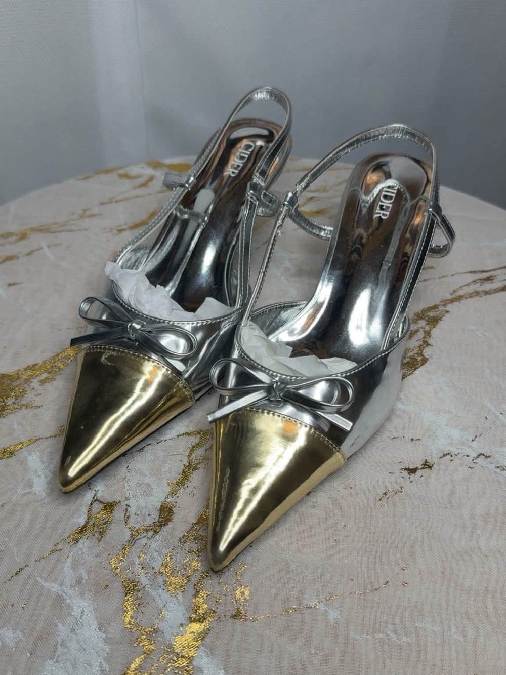 Cider Silver Slingback Heels with Gold Pointed Toe